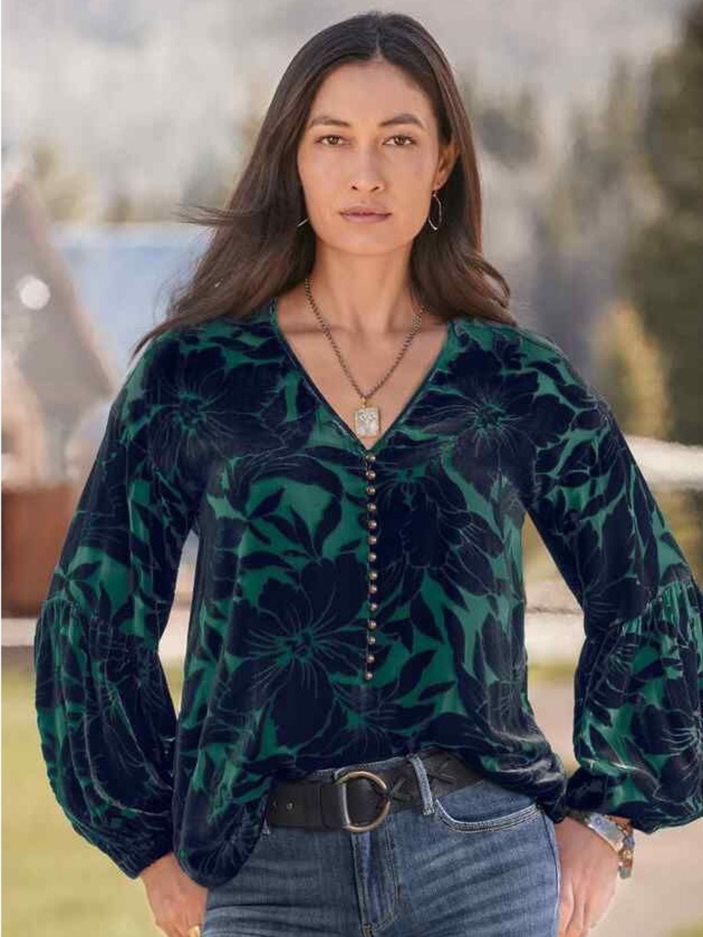 Sundance Green and Navy Floral V-Neck Button Blouse